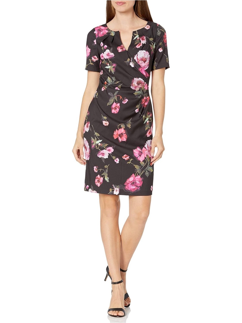 Adrianna Papell Black Floral Side Drape Sheath Dress